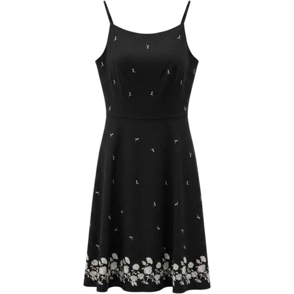 Ann Taylor Black Cotton Floral Medium Embroidered Fit & Flare Dress Sleeveless‎